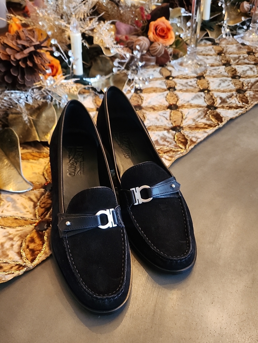 Salvatore Ferragamo Black Suede Loafers with Silver Bit